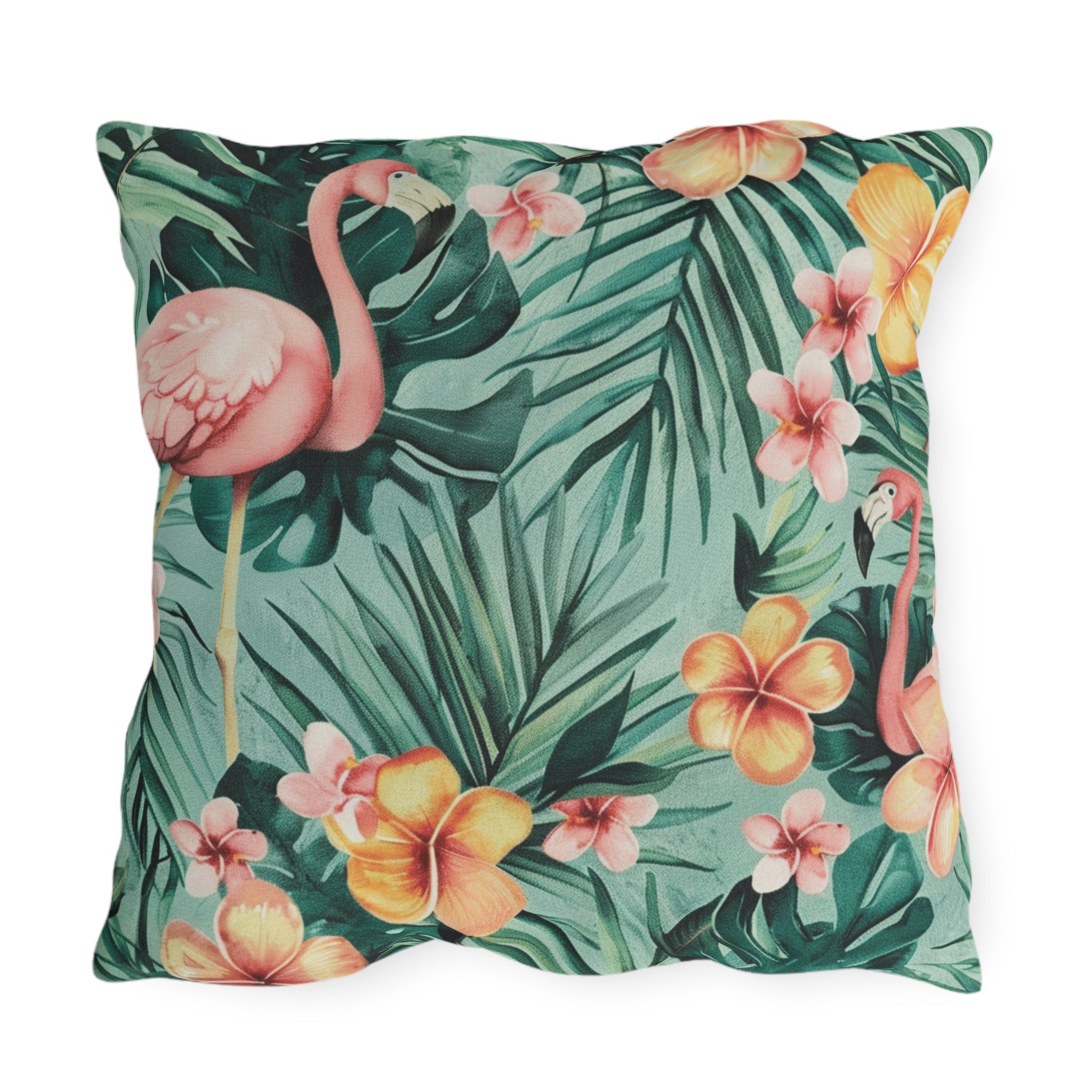 "Flamingos And Flowers" Outdoor Pillow