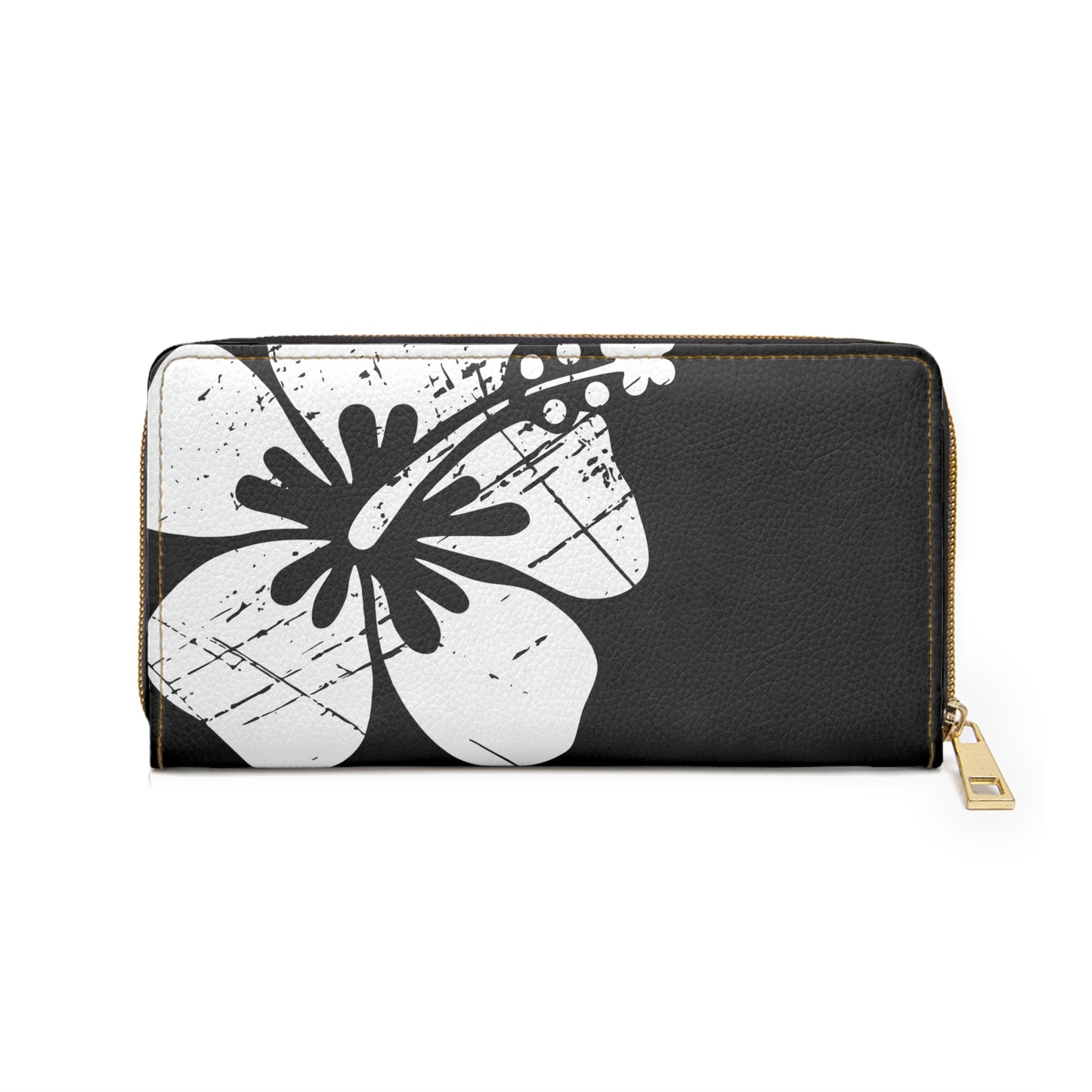 "The Classic Hibiscus" Zipper Wallet - Distressed Black