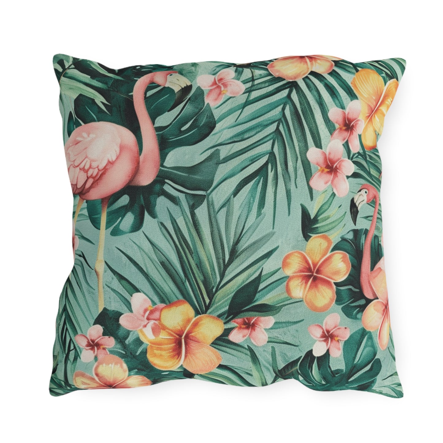 "Flamingos And Flowers" Outdoor Pillow