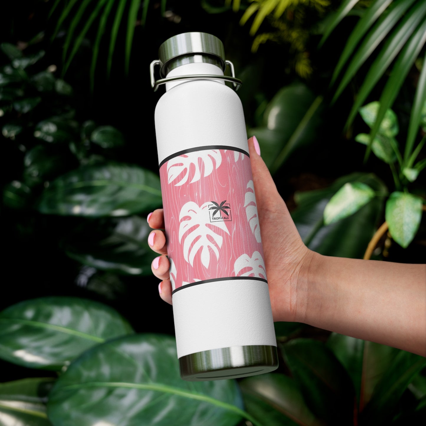 "Red Monstera" Copper Insulated Bottle with cap, 22oz