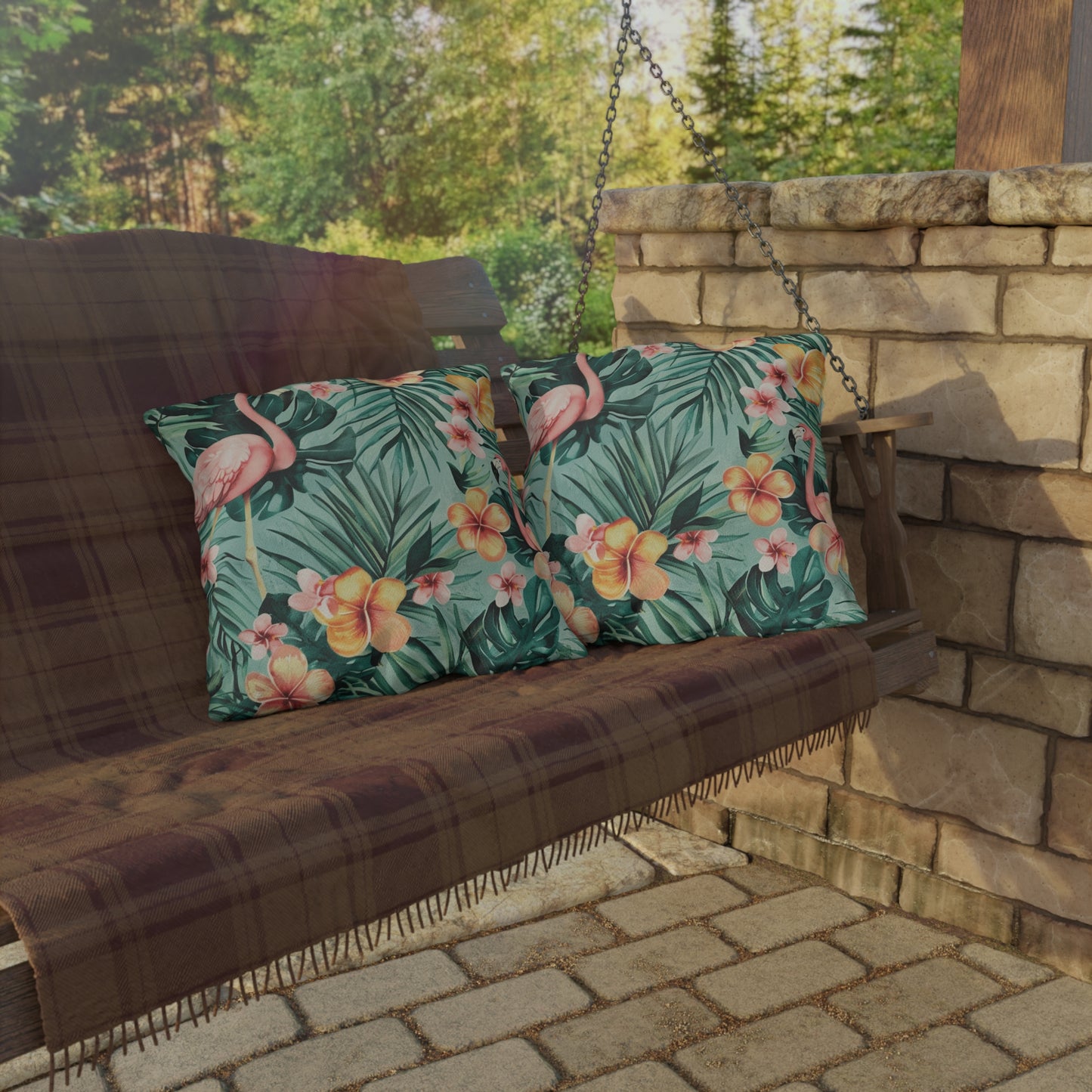 "Flamingos And Flowers" Outdoor Pillow