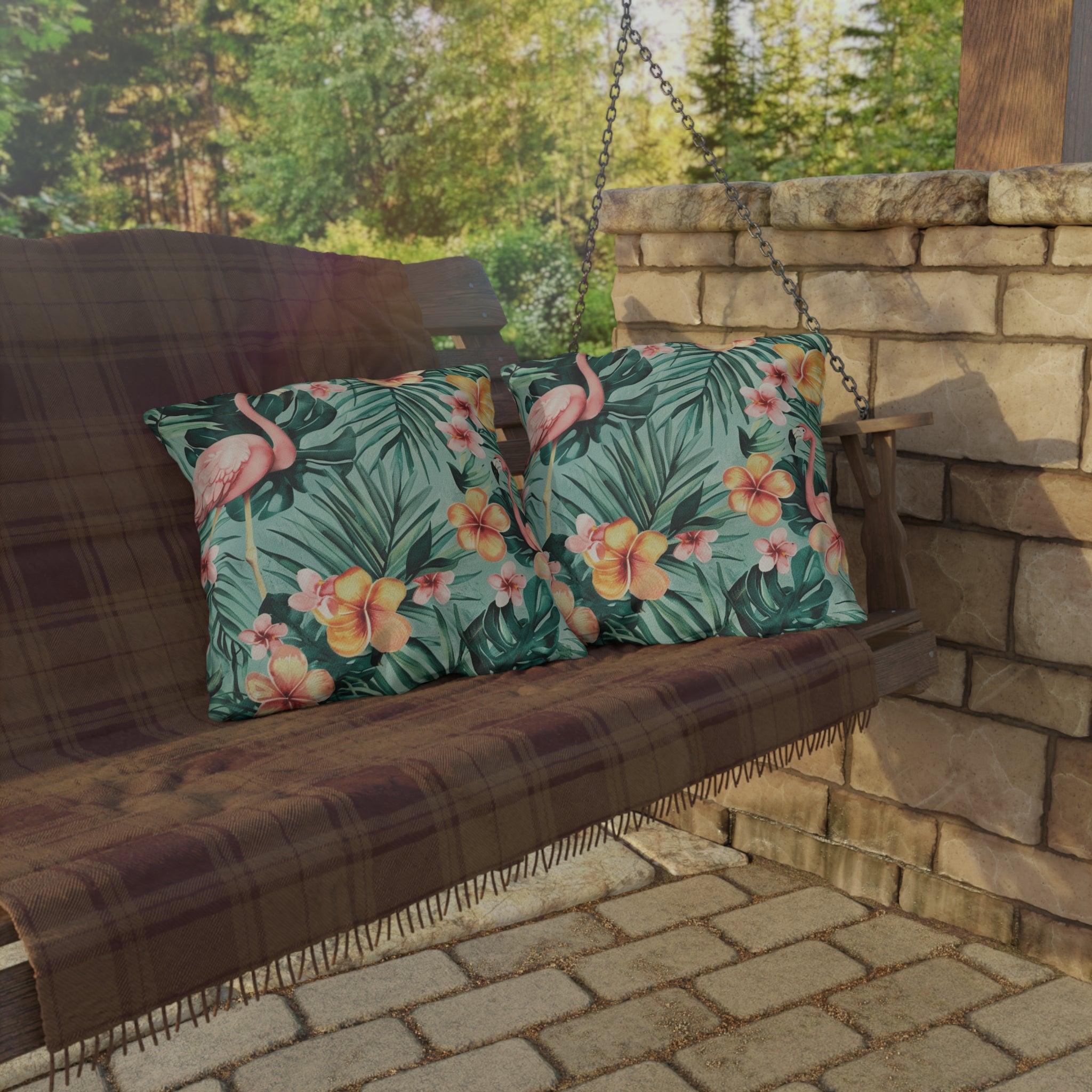 "Flamingos And Flowers" Outdoor Pillow