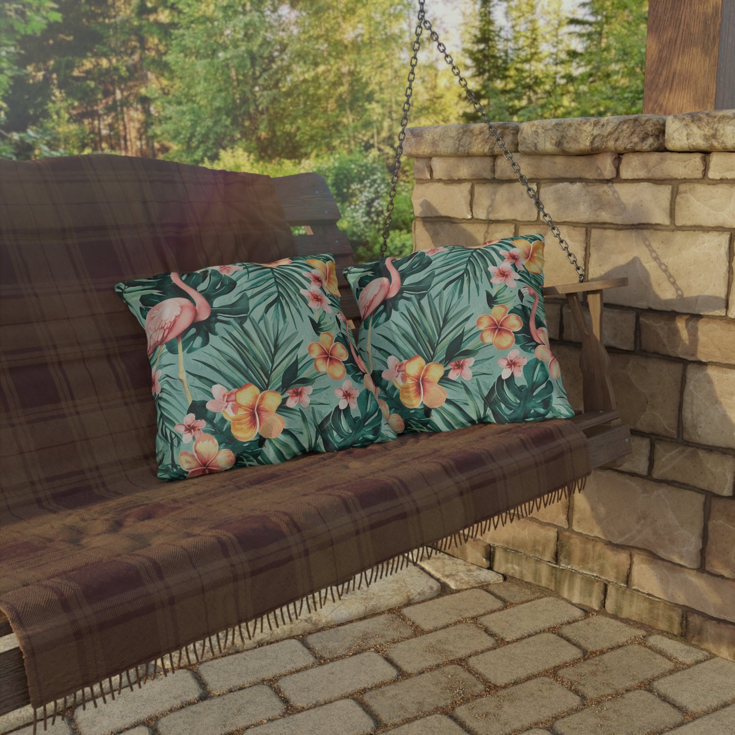 "Flamingos And Flowers" Outdoor Pillow