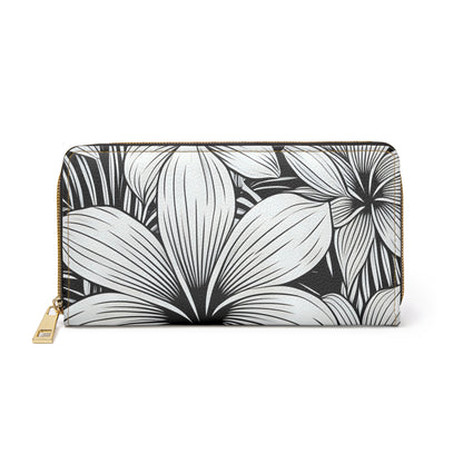 "Plumeria" Zipper Wallet - Black and White