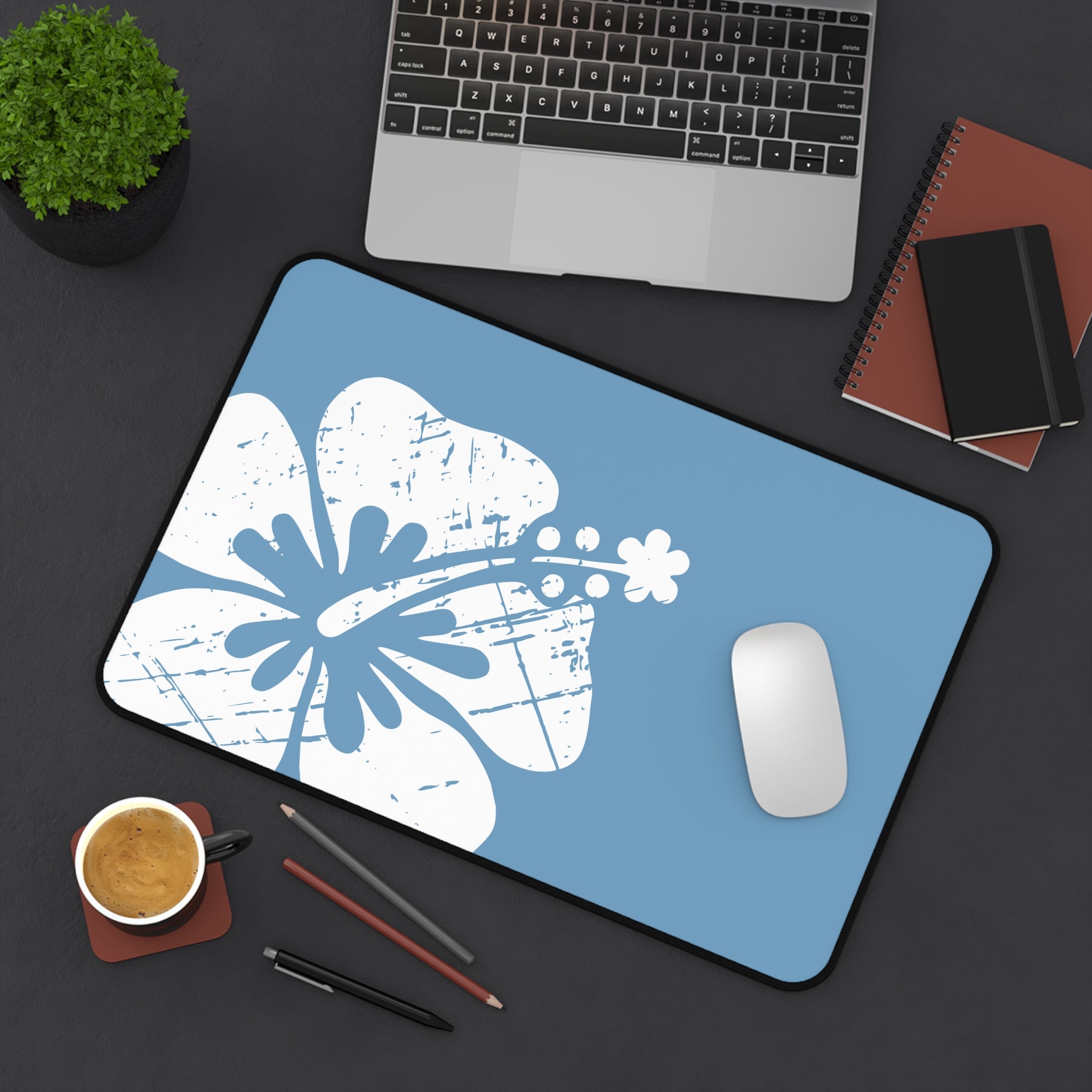 "The Classic Hibiscus" Desk Mat - Distressed Blue
